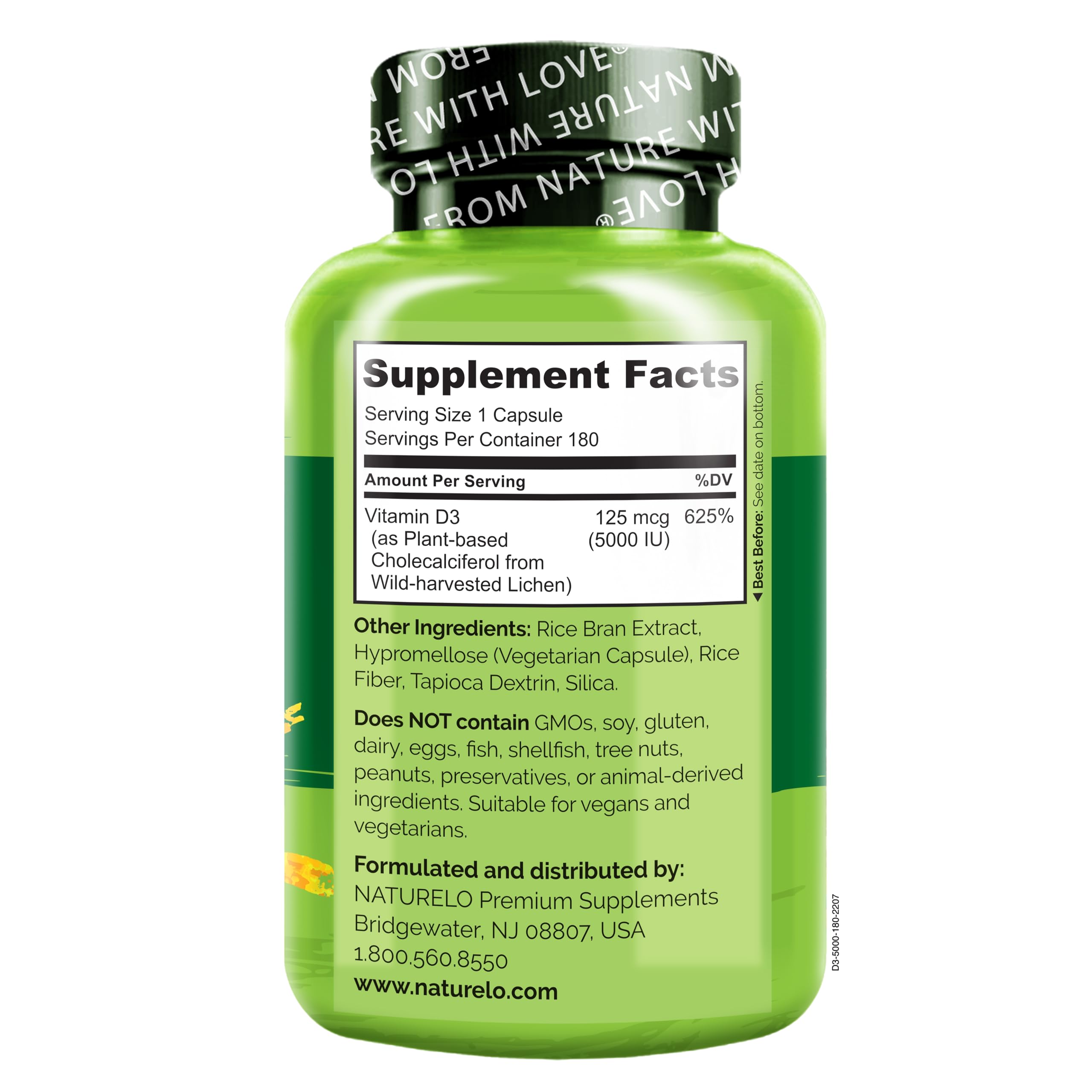 Naturelo Vitamin D-5000 IU bottle with sun icon suggesting sunshine vitamin benefits