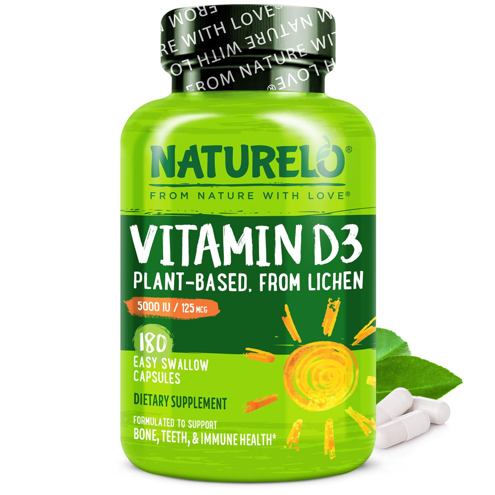 Naturelo Vitamin D-5000 IU bottle with lichen-based D3 source may support immune health