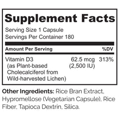 Naturelo Vitamin D3 2500 IU label highlights biologically active cholecalciferol form