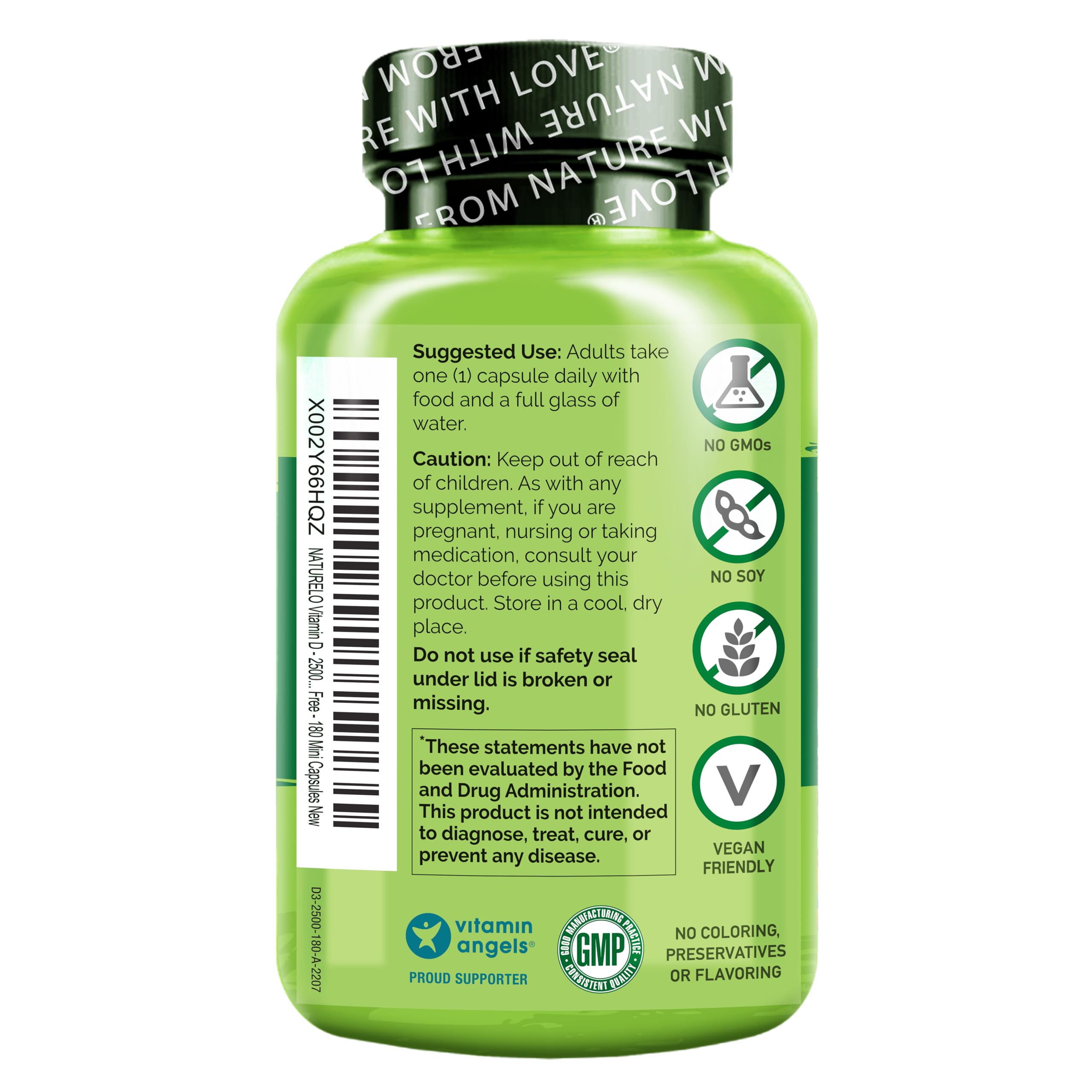Bottle label shows soy- and dairy-free formulation for Naturelo D3
