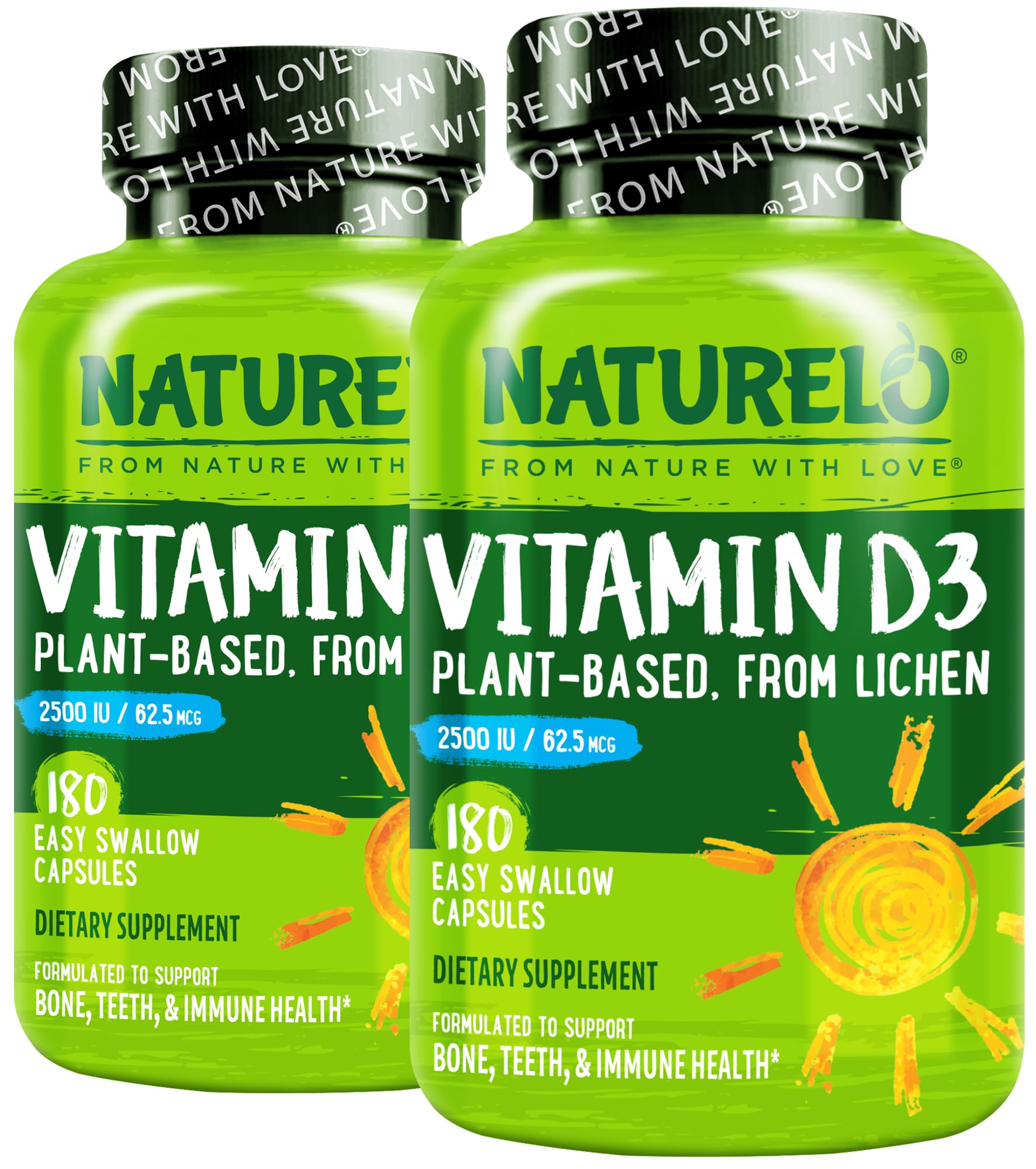 Naturelo Vitamin D3 2500 IU plant-based from lichen bottle supports immune function