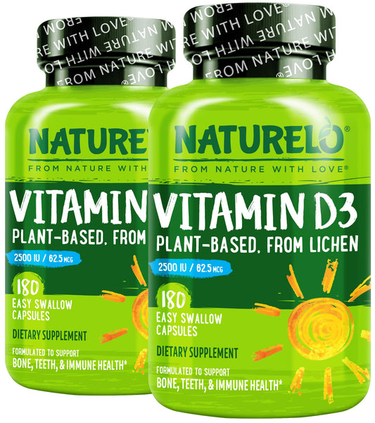Naturelo Vitamin D3 2500 IU plant-based from lichen bottle supports immune function