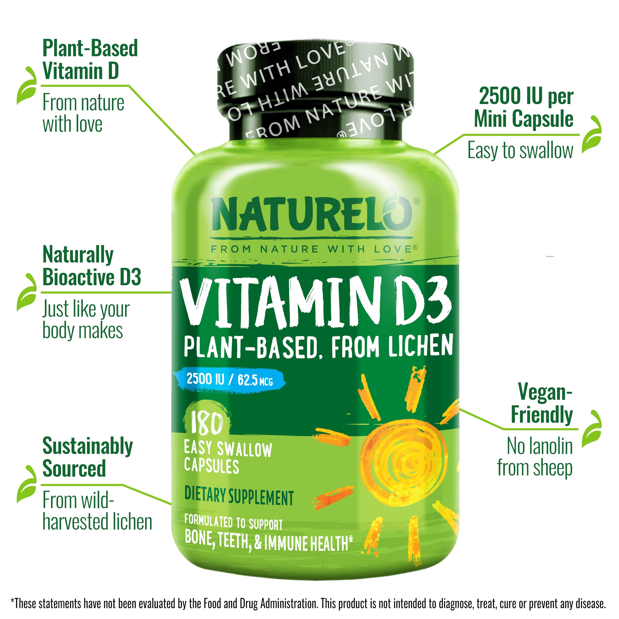 Naturelo Vitamin D3 capsules close-up shows vegan capsules for bone health