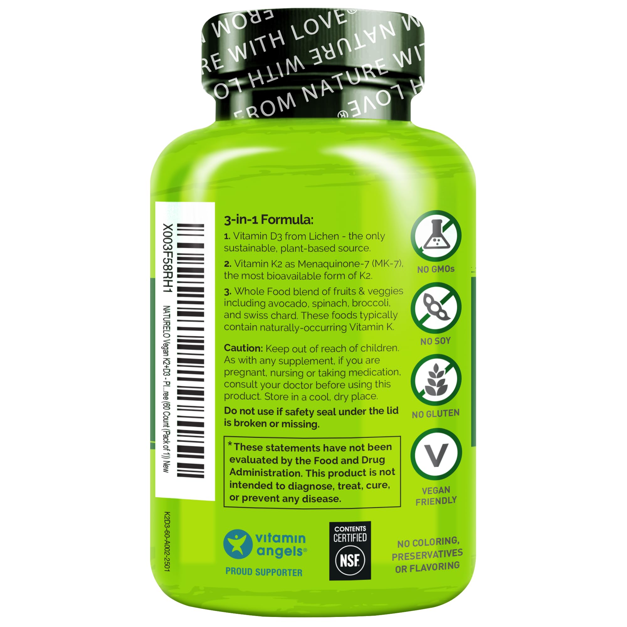 NATURELO bottle detail showing natural ingredients and whole-food philosophy.