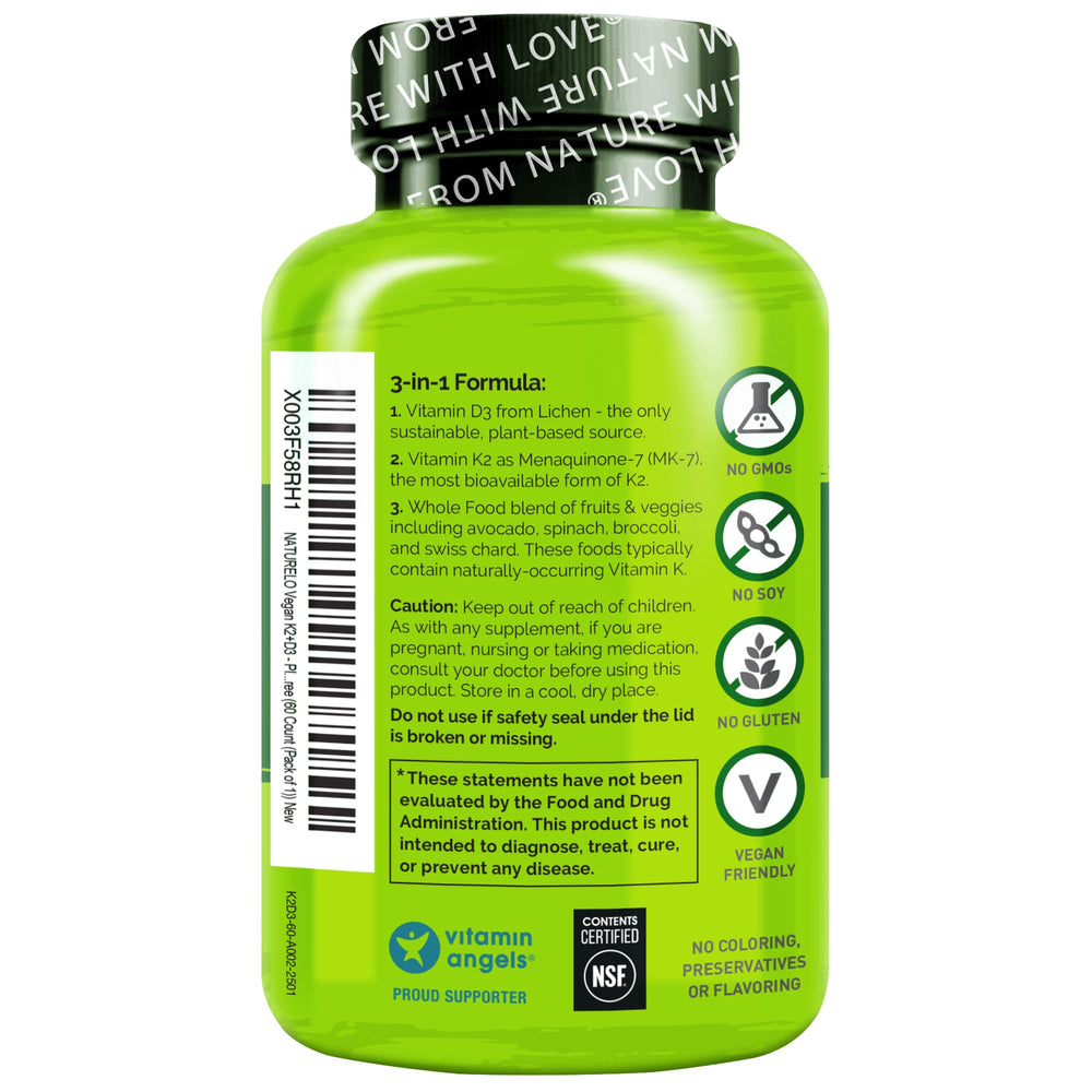 NATURELO bottle detail showing natural ingredients and whole-food philosophy.