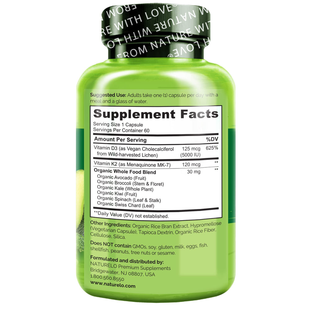NATURELO Vitamin D3 K2 with MK-7 suggesting immune and heart support.