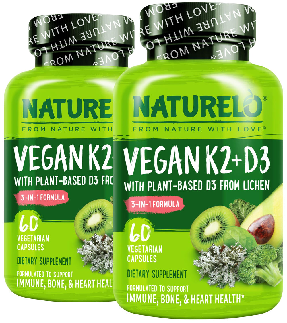 NATURELO Vitamin D3 K2 bottle with plant-based D3 from lichen for bone and heart support.