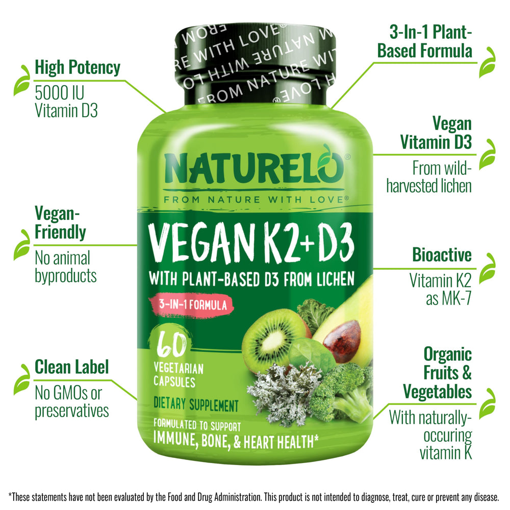 NATURELO vegan D3 from lichen label close-up emphasizing clean plant-based formulation.