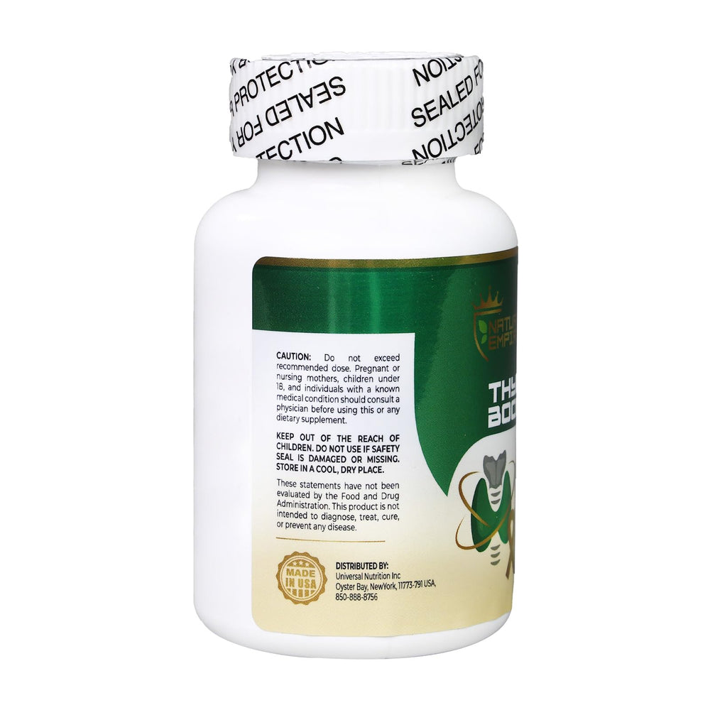 NatureMPIRE Thyro Boost Plus gluten-free and dairy-free badge highlights allergen safety.