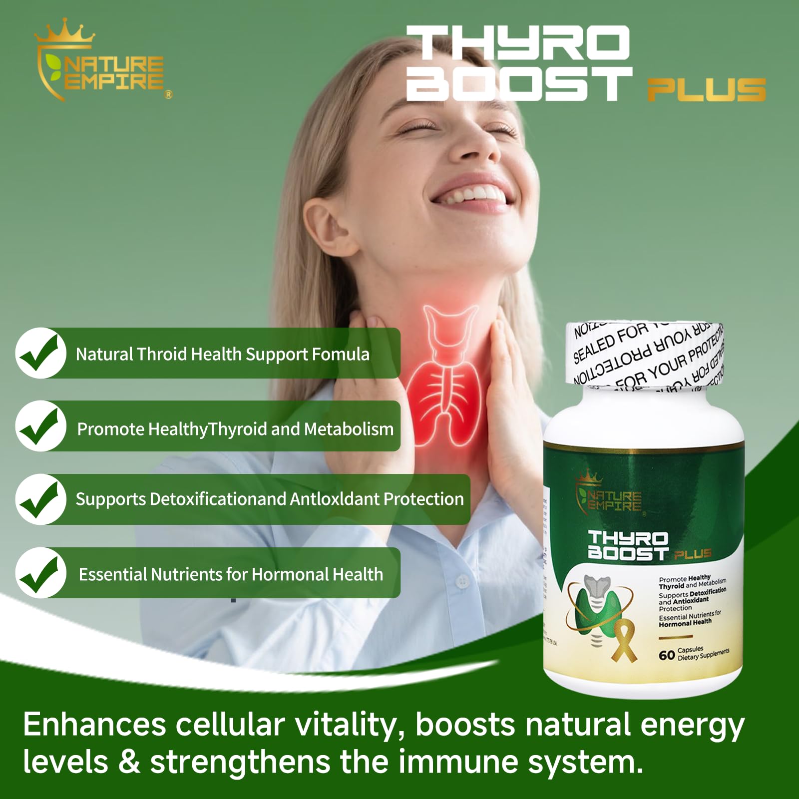 NatureMPIRE Thyro Boost Plus GMP-certified seal emphasizes quality control.