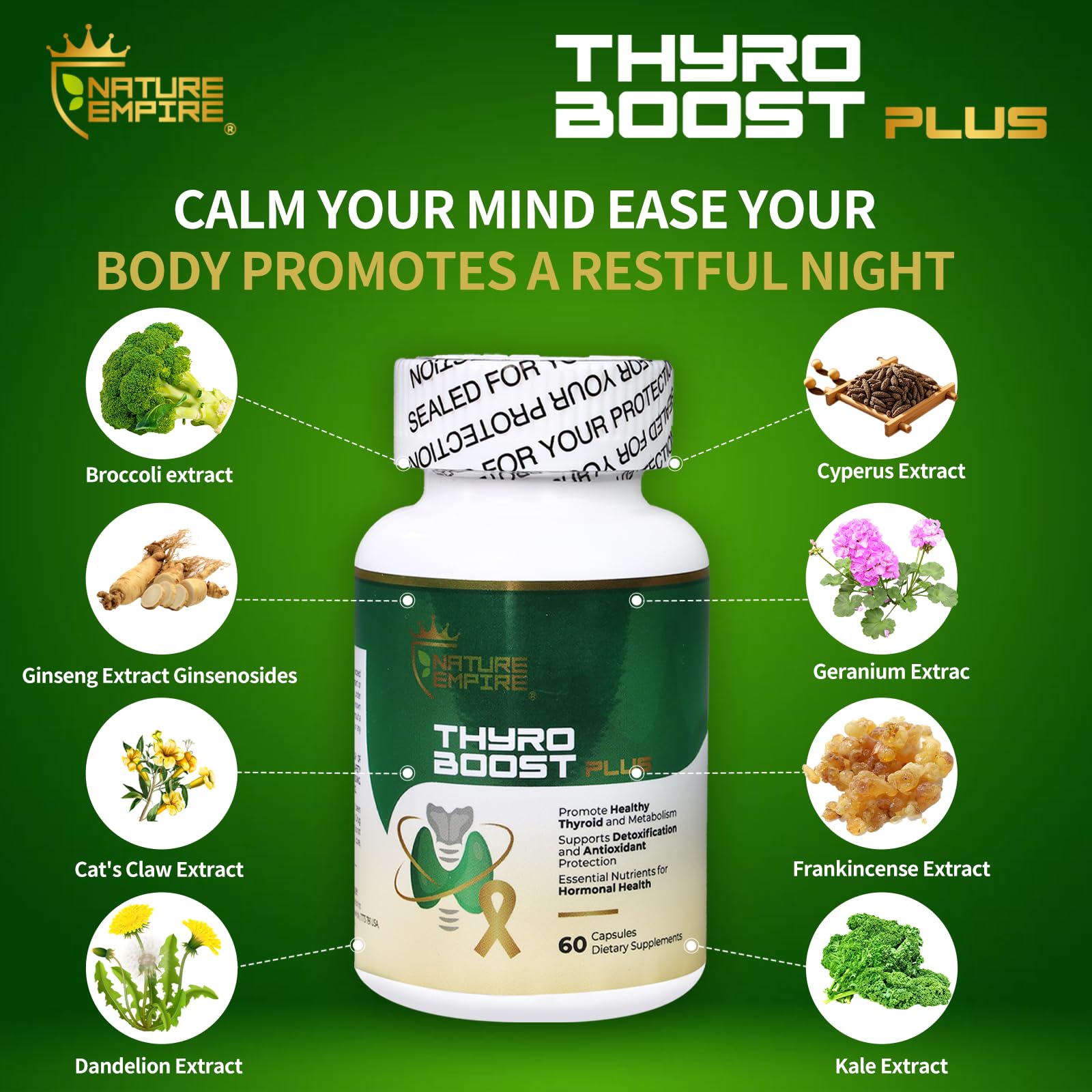 NatureMPIRE Thyro Boost Plus ingredients scene with botanicals and extracts.