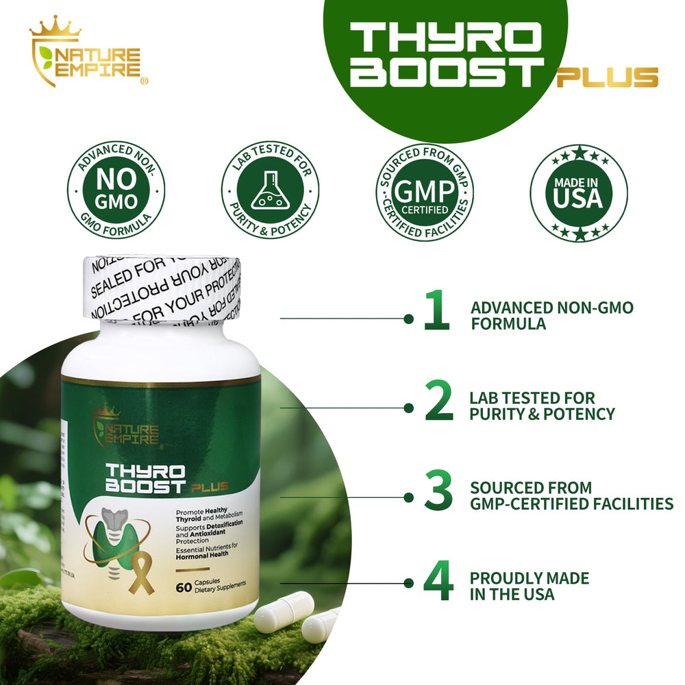 NatureMPIRE Thyro Boost Plus label close-up shows mineral blend for metabolism.