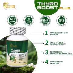 NatureMPIRE Thyro Boost Plus label close-up shows mineral blend for metabolism.