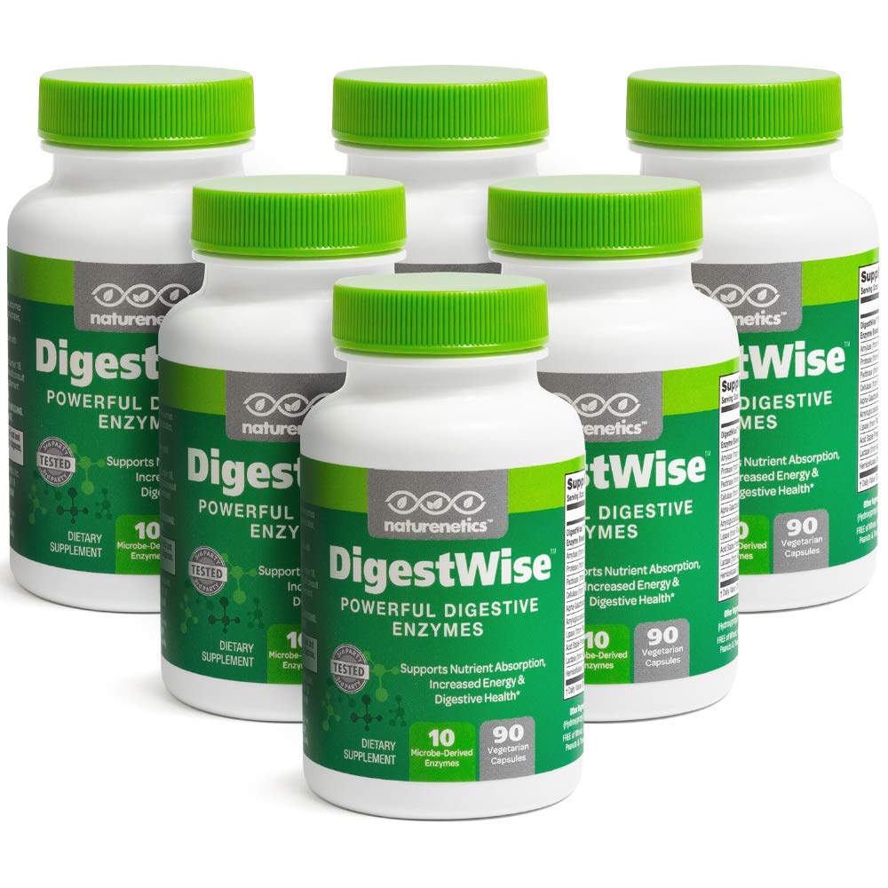 Naturenetics DigestWise bottle close-up shows vegan enzymes for digestion support.