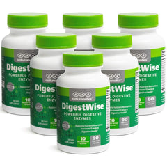 Naturenetics DigestWise bottle close-up shows vegan enzymes for digestion support.
