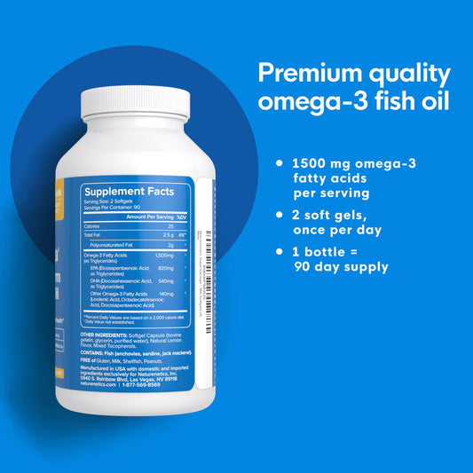 Naturenetics omega-3 bottle front emphasizes purity and high EPA/DHA.