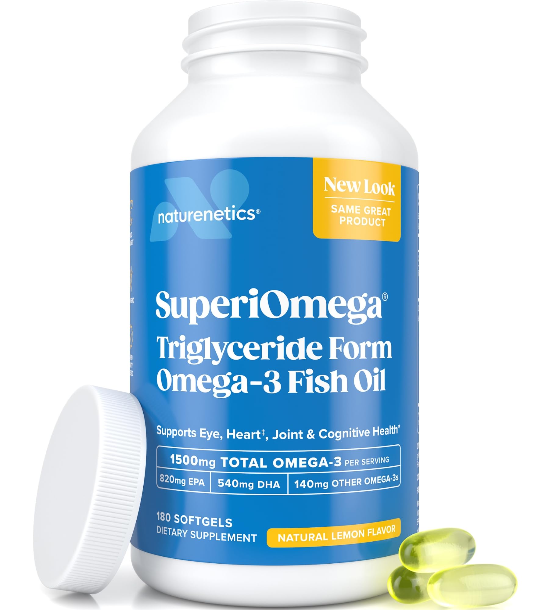 Naturenetics Triglyceride Omega-3 lemon softgels for eye and joint support.