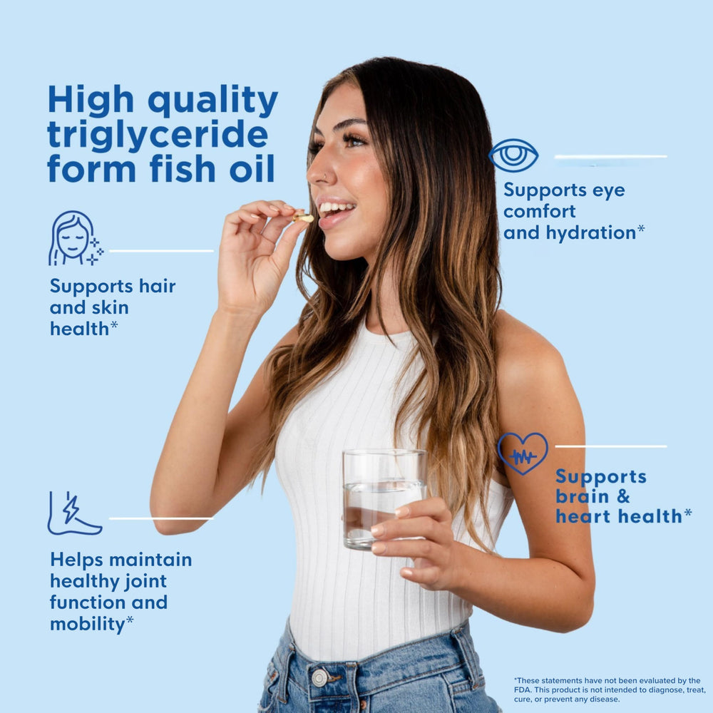 Naturenetics omega-3 softgels poured in hand for daily eye and joint care.