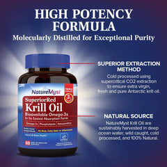 NatureMyst wild-caught deep-ocean krill conveys sustainable sourcing and freshness.