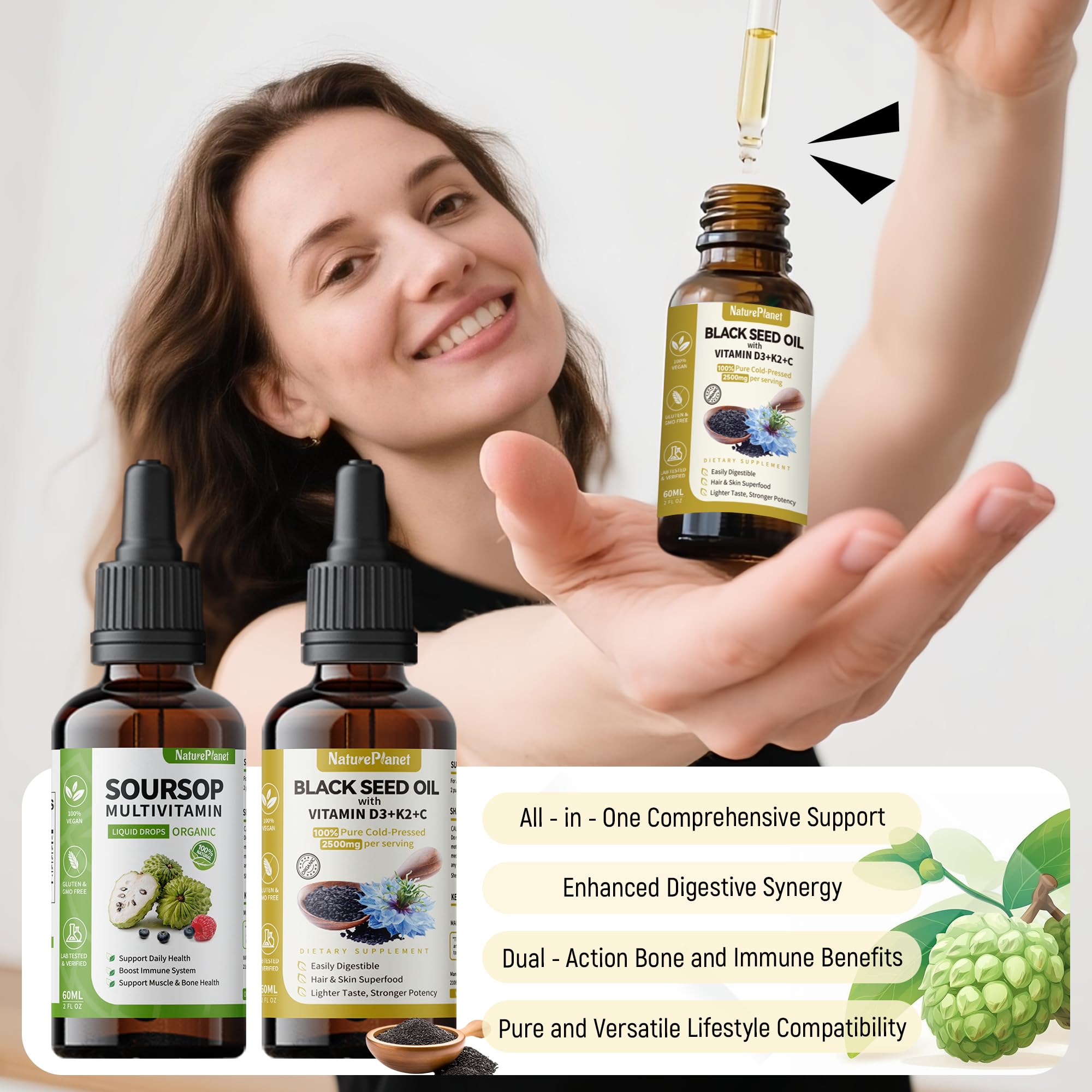 NaturePlanet Black Seed Oil Drops dispense focuses on convenient drop usage