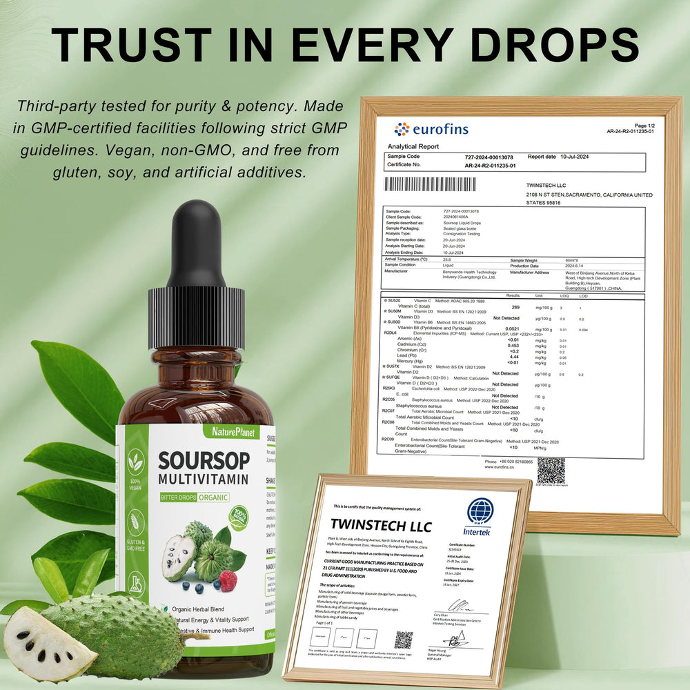 Fresh ginger and moringa beside NaturePlanet Guanábana Soursop Drops container