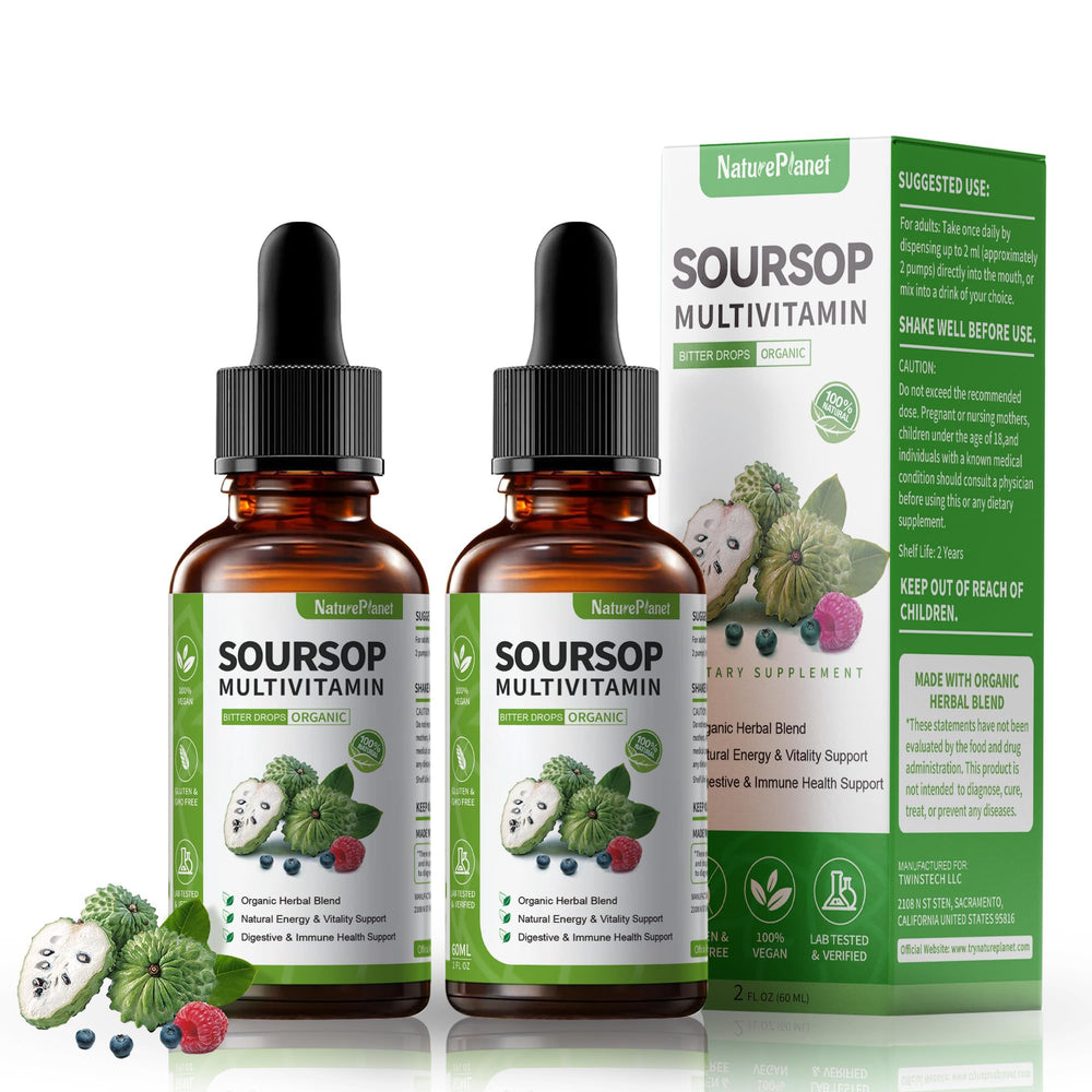 NaturePlanet Guanábana Soursop Bitters Drops bottle on a clean surface for daily wellness