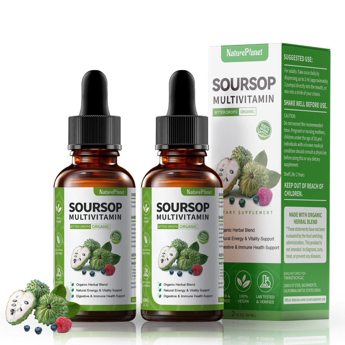 NaturePlanet Guanábana Soursop Bitters Drops bottle on a clean surface for daily wellness