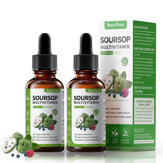 NaturePlanet Guanábana Soursop Bitters Drops bottle on a clean surface for daily wellness