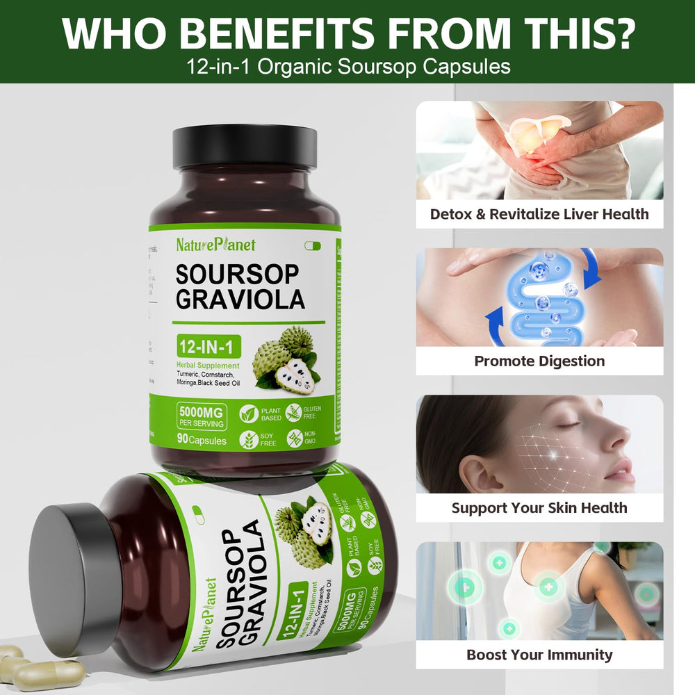 NaturePlanet Soursop Bitters Capsules bottle presents a 12-in-1 herbal blend.