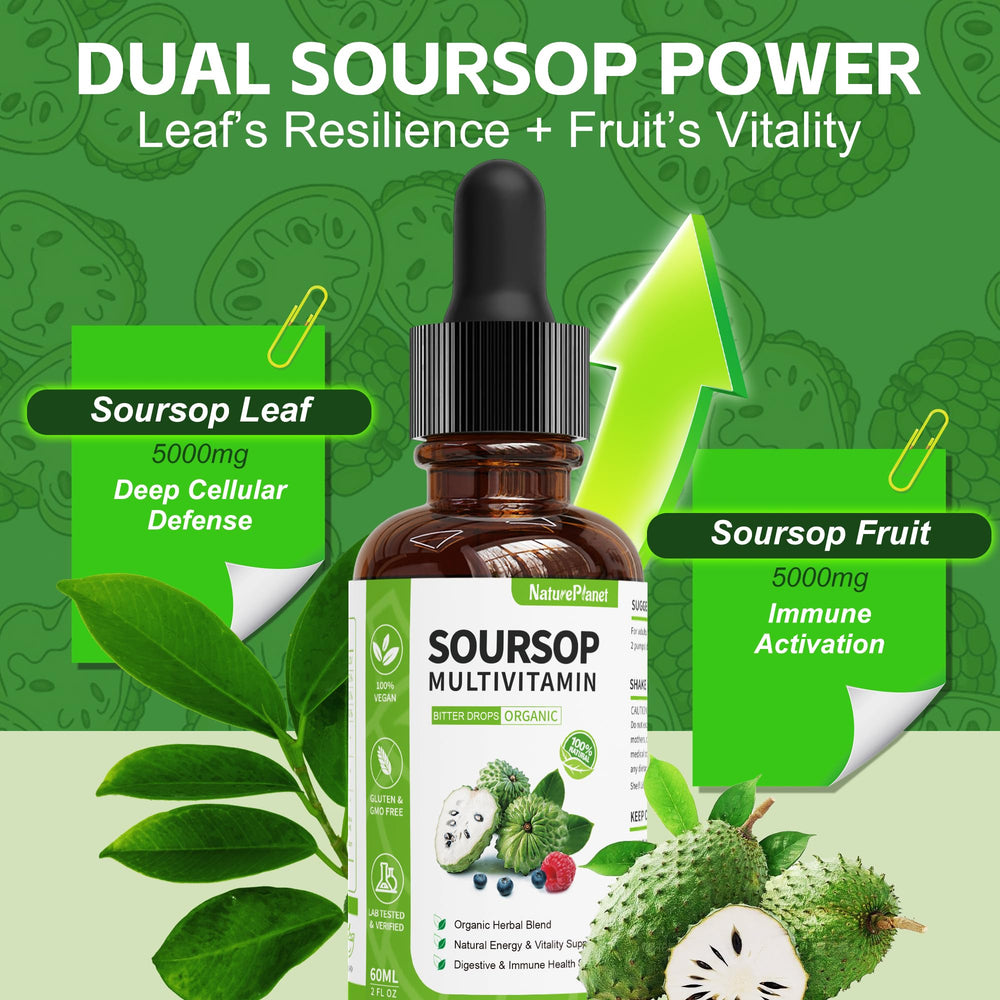 NaturePlanet Guanábana Soursop Drops label highlights 10+ botanical ingredients