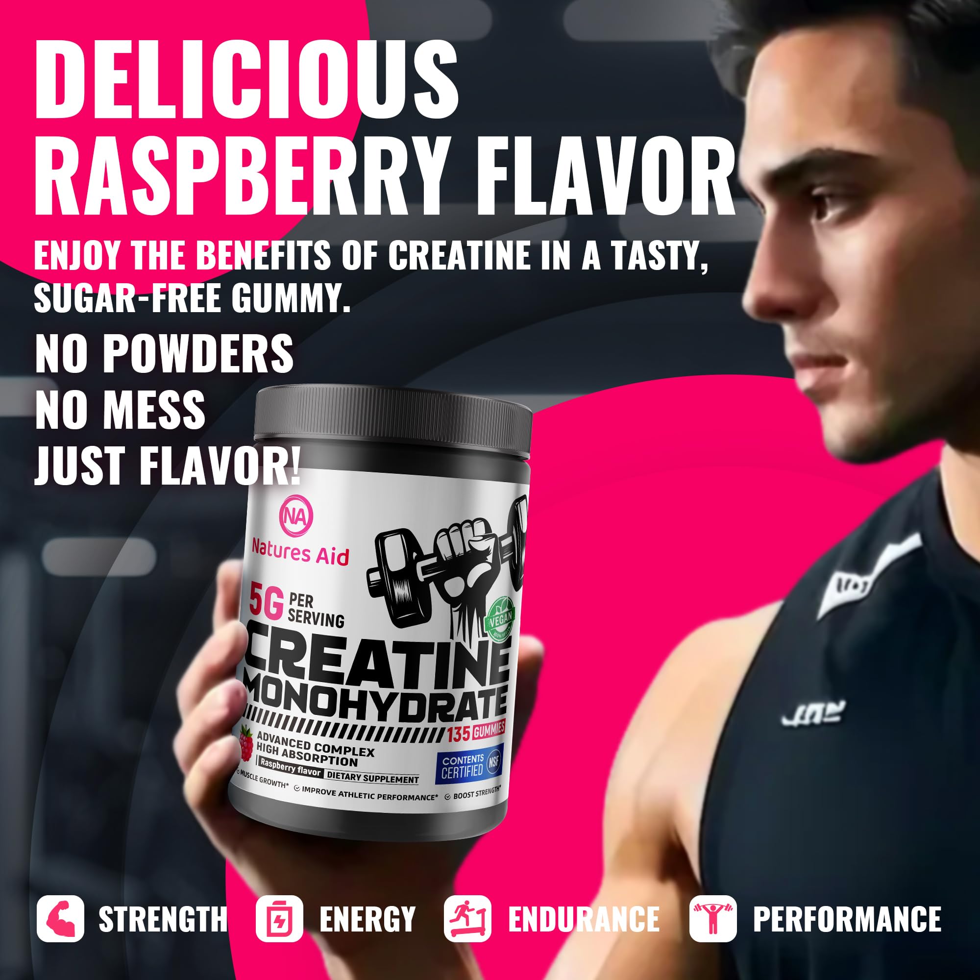 135-count Nature's Aid Creatine Gummy bottle beside workout gear