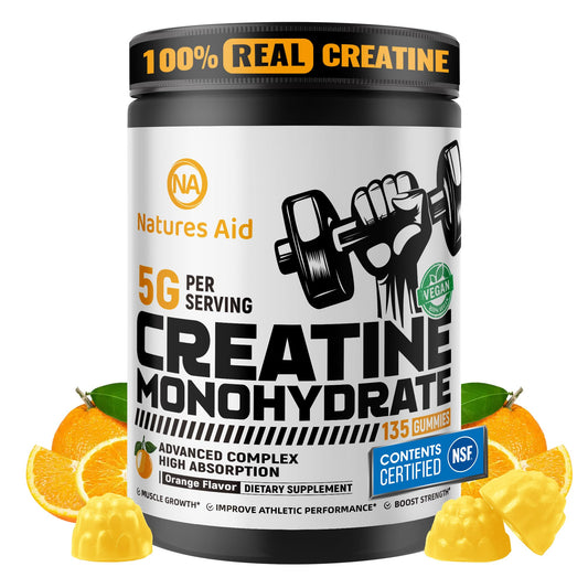 Natures Aid Creatine Gummy bottle front, highlighting 5g per serving for workouts