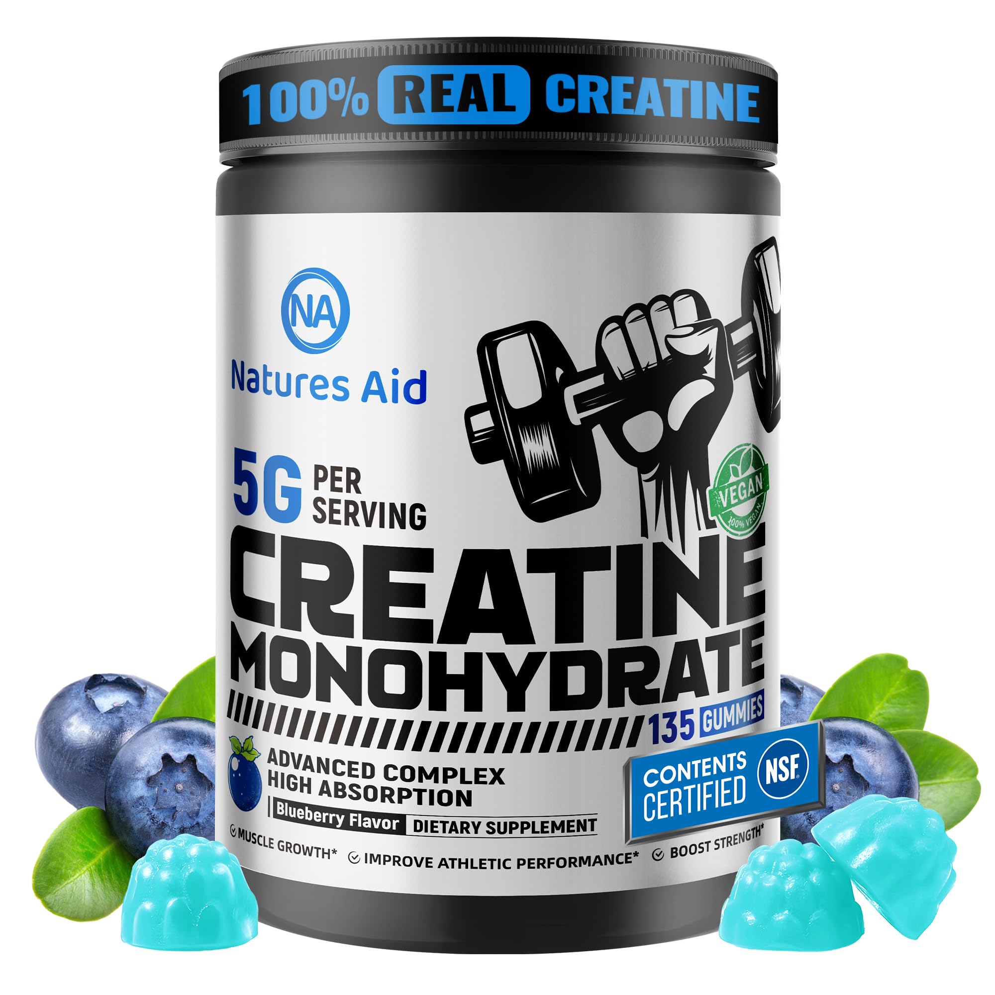 Natures Aid Creatine Gummy bottle with blueberry flavor, convenient pre-workout option.