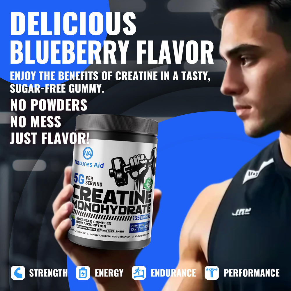 Natures Aid Creatine Gummy blueberry electrolyte label on bottle.