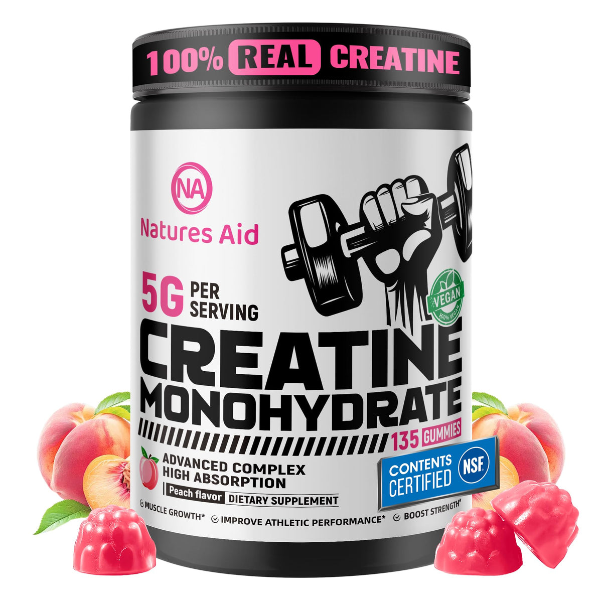 Natures Aid creatine gummy bottle front view for easy daily supplementation