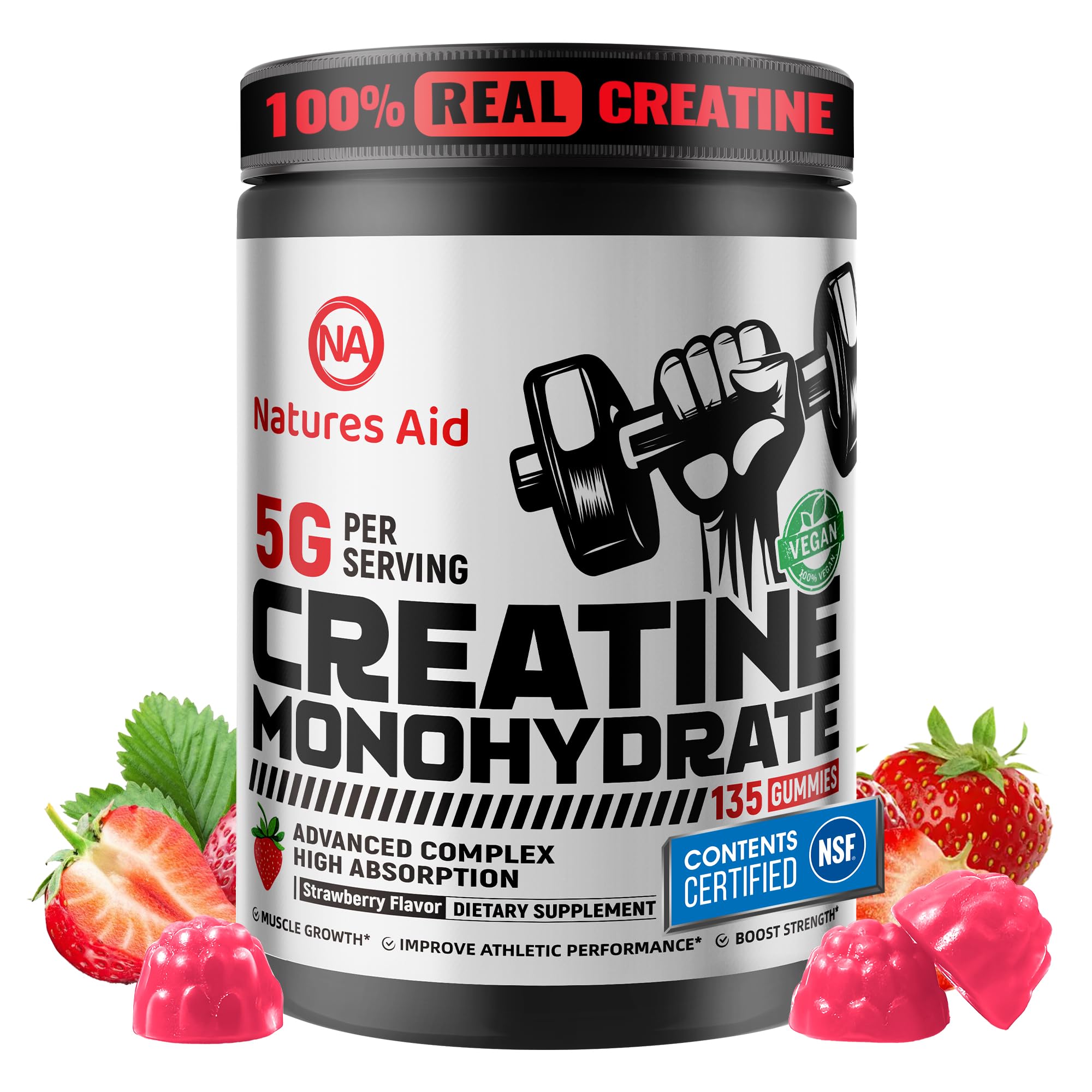 Natures Aid Creatine Gummy bottle shows convenient pre-workout nutrition for active adults.