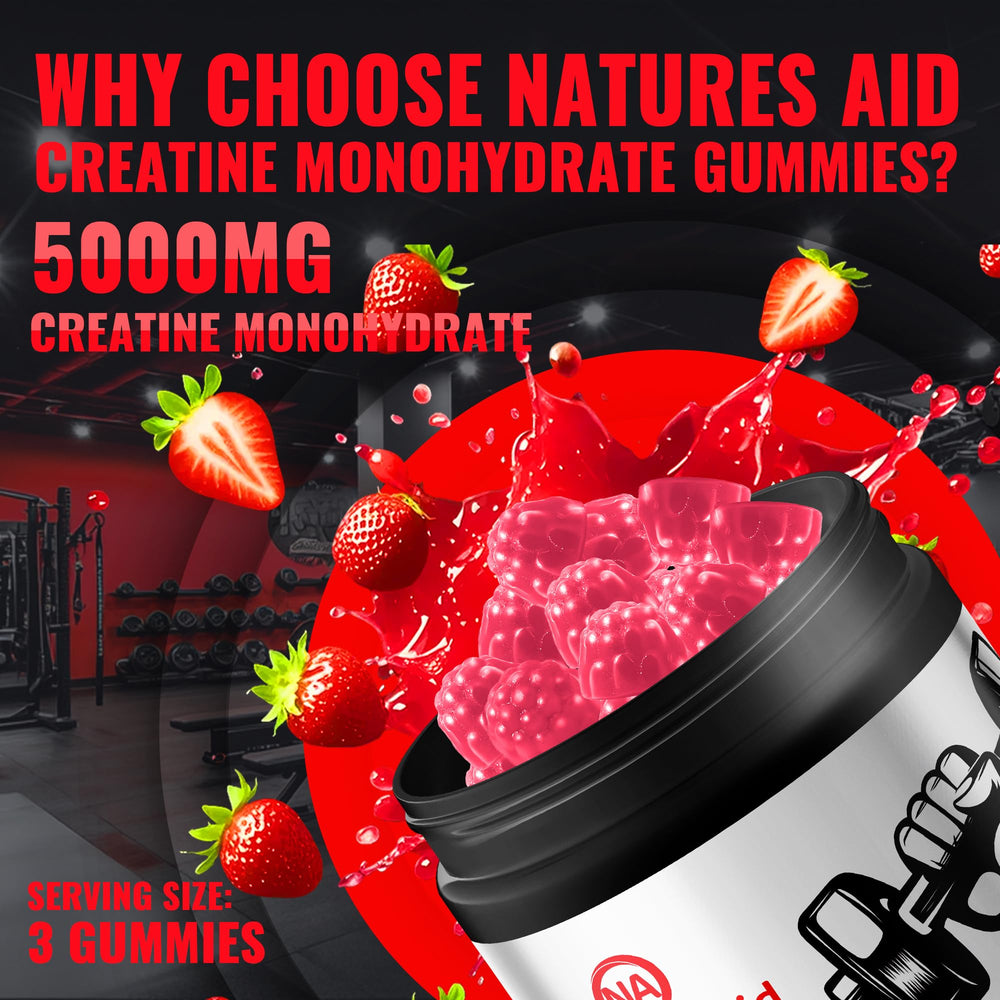 Natures Aid Creatine Gummy closeup shows chewy texture and vibrant strawberry flavor.