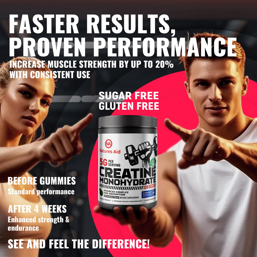 Nature’s Aid creatine gummy in gym setting highlights portable supplement.