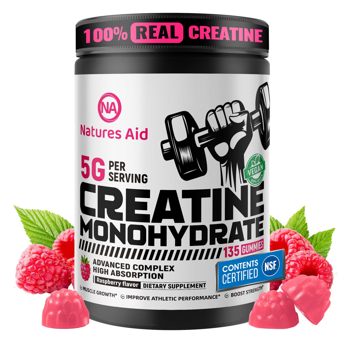 Nature's Aid Creatine Gummy Raspberry bottle close-up for on-the-go workouts