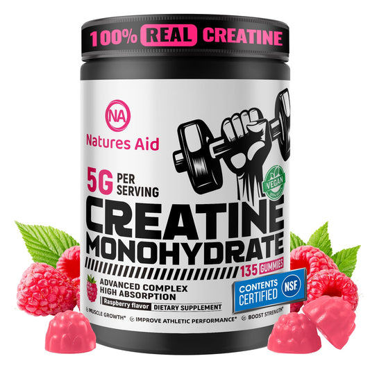 Nature's Aid Creatine Gummy Raspberry bottle close-up for on-the-go workouts