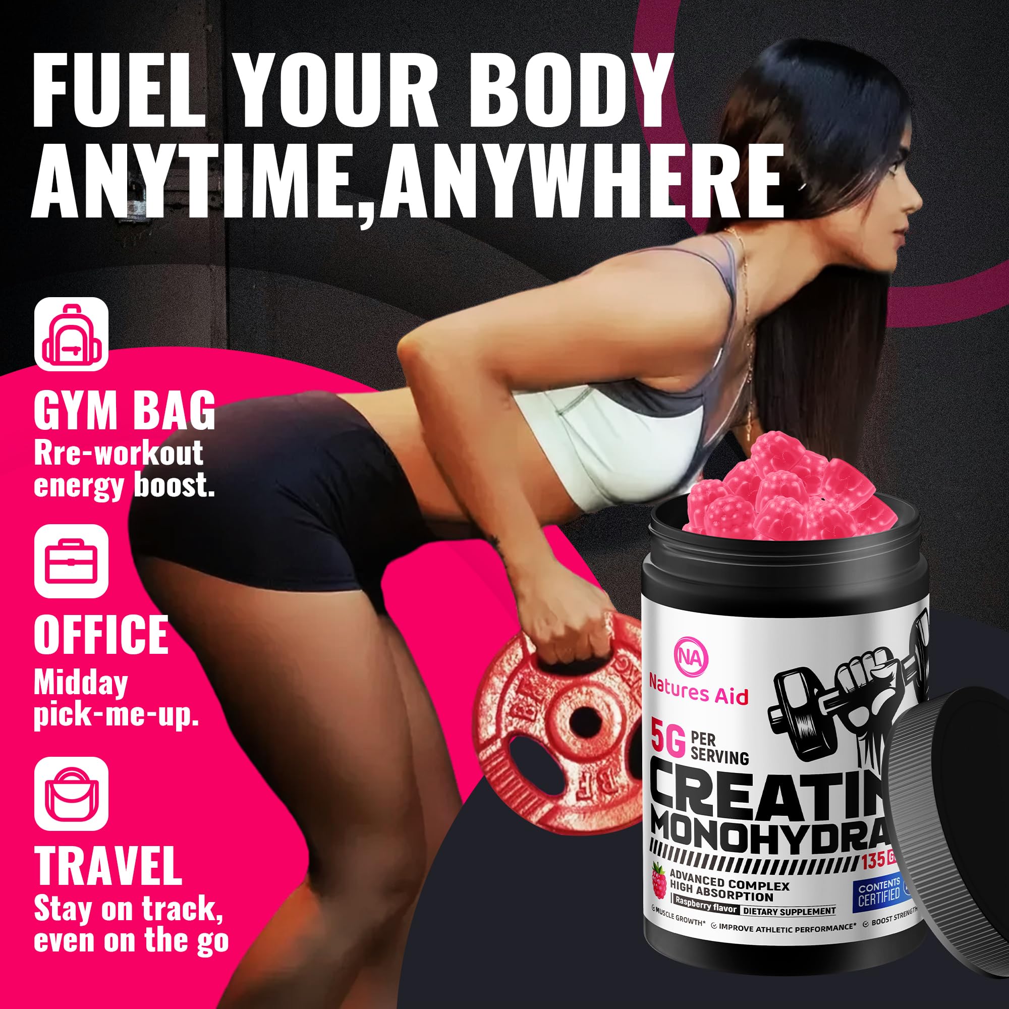Nature's Aid Creatine Gummy serving suggestion with shaker bottle
