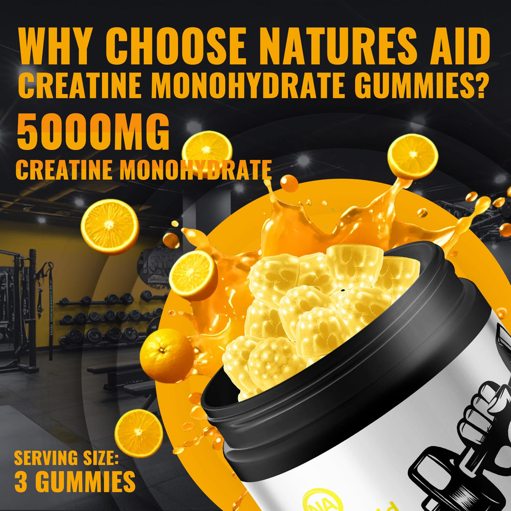 Natures Aid Creatine Gummy on display for convenient pre-workout routines