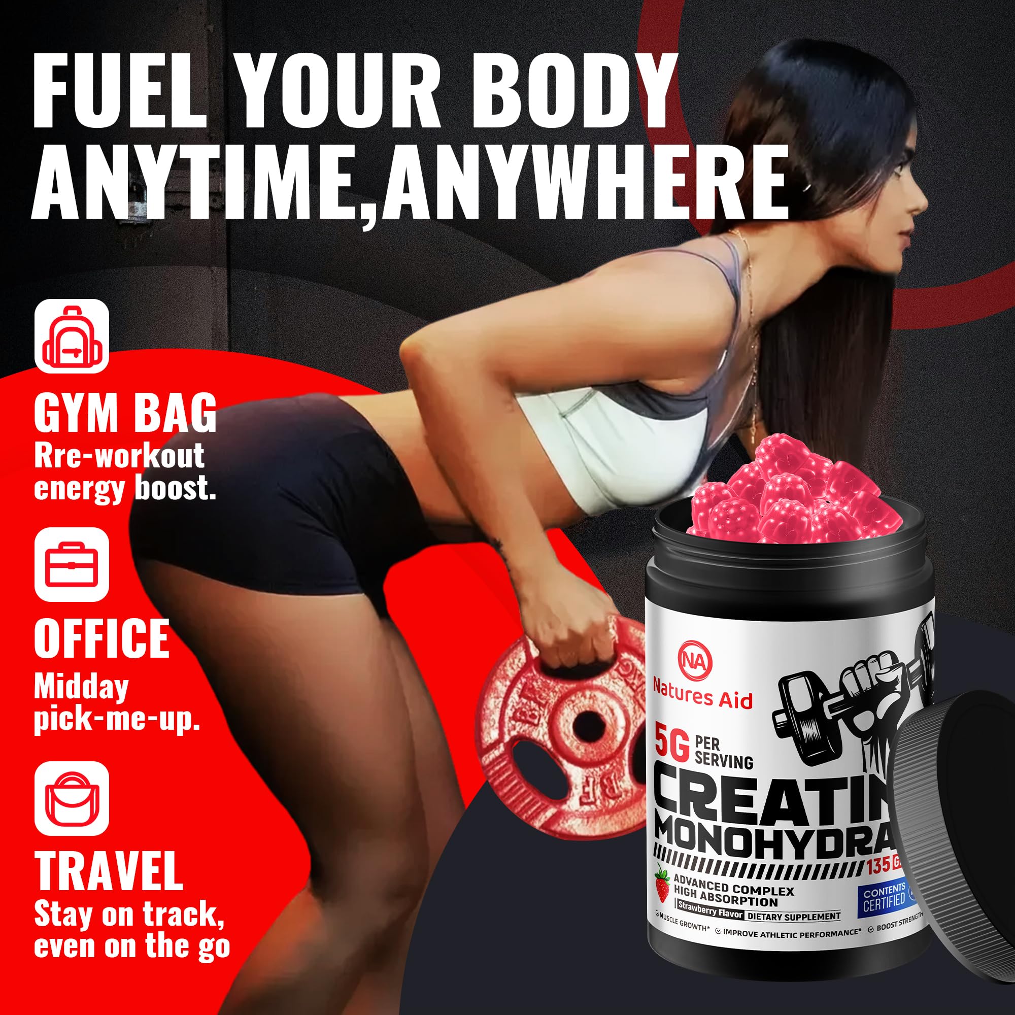 Natures Aid Creatine Gummy strawberry flavor supports refreshing workouts.
