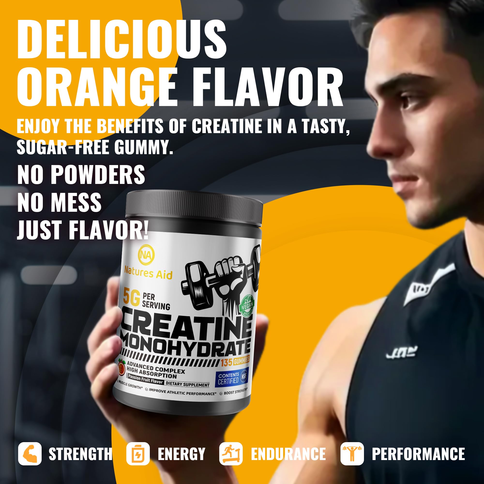 Natures Aid Creatine Monohydrate Gummies after-workout scene signaling recovery support.