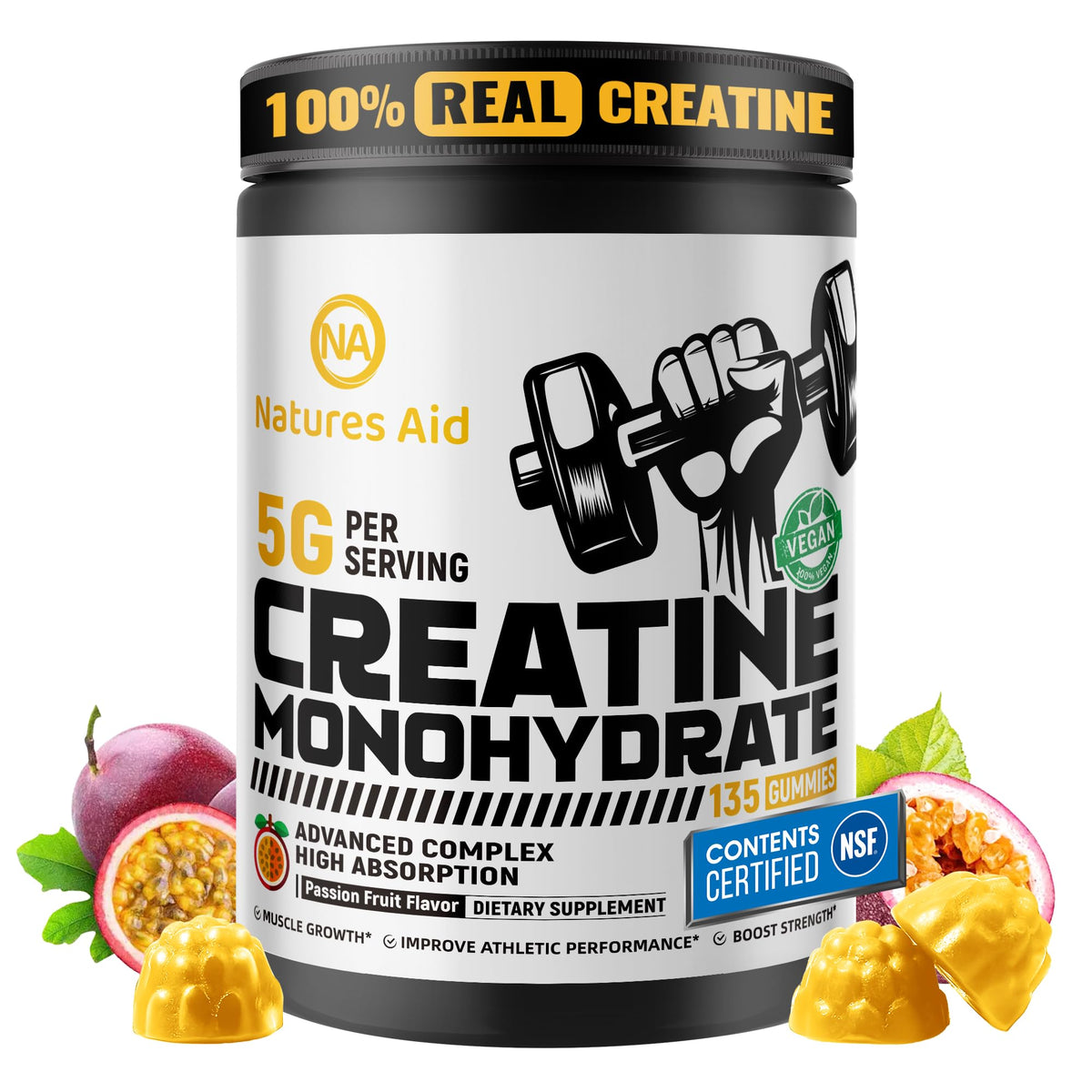 Natures Aid Creatine Monohydrate Gummies bottle close-up showing label for energy during workouts.