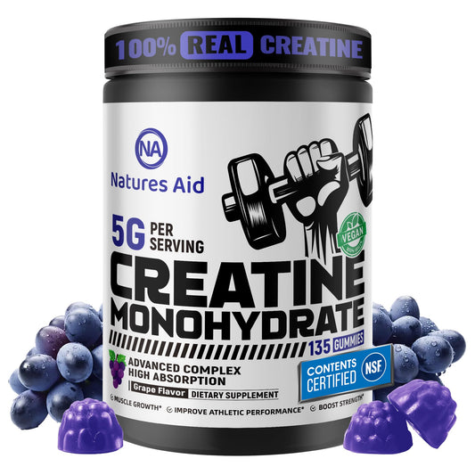 Natures Aid Creatine Monohydrate Gummies bottle with grape flavor for on-the-go pre-workout energy.