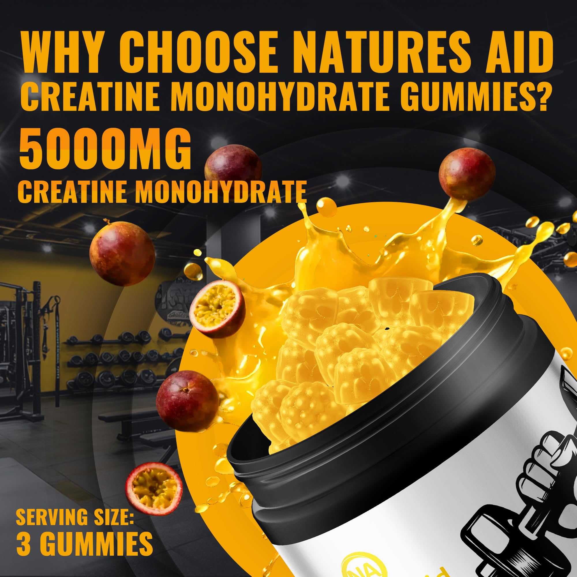 Natures Aid Creatine Monohydrate Gummies on a gym bag ready for pre-workout energy.