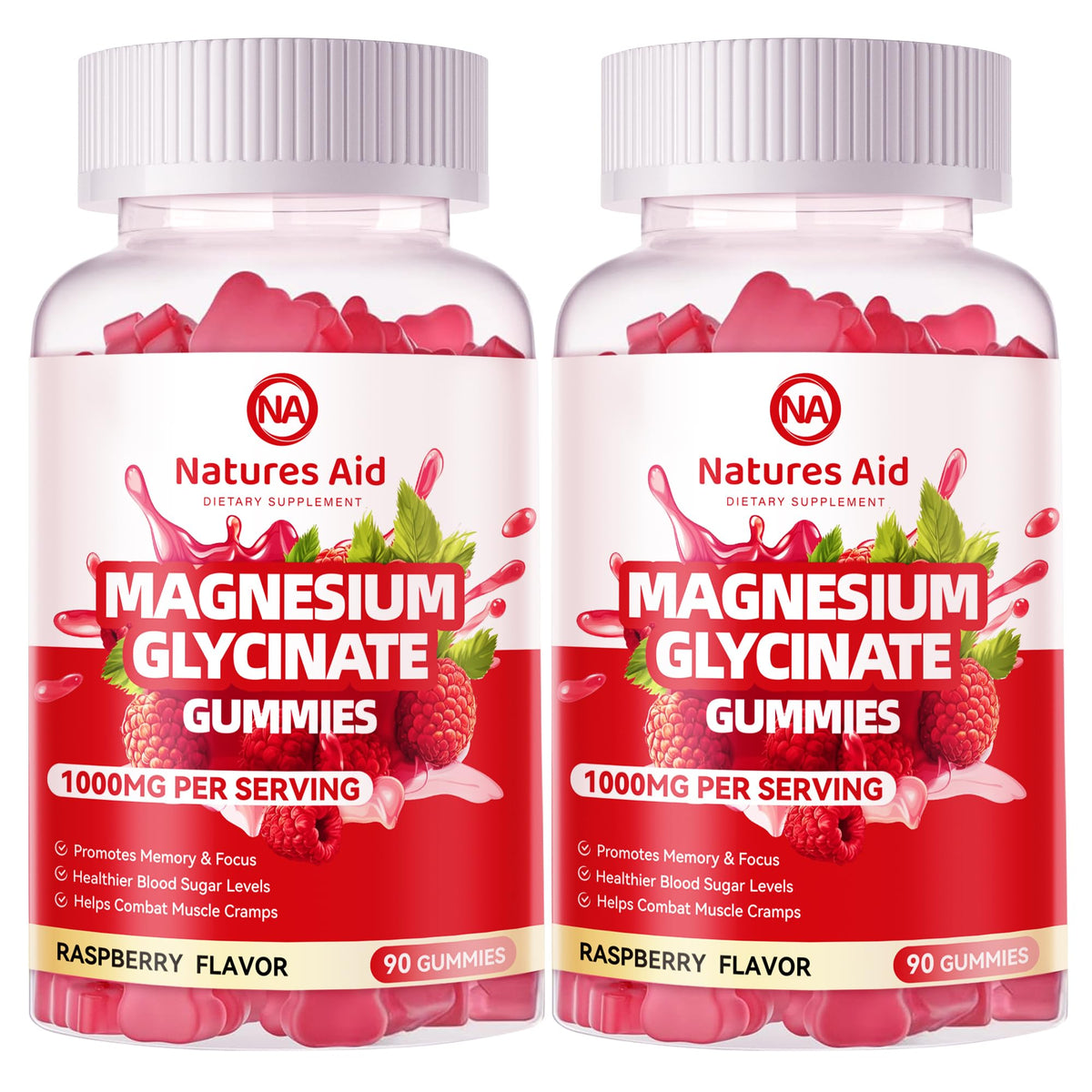 Natures Aid Magnesium Glycinate Gummies raspberry bottle front showcases a tasty daily supplement.