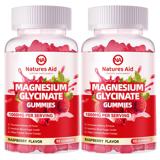 Natures Aid Magnesium Glycinate Gummies raspberry bottle front showcases a tasty daily supplement.