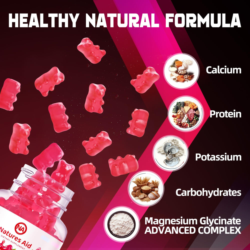 Natures Aid Magnesium Glycinate Gummies bottle pour illustrates simple two-gummy daily use.